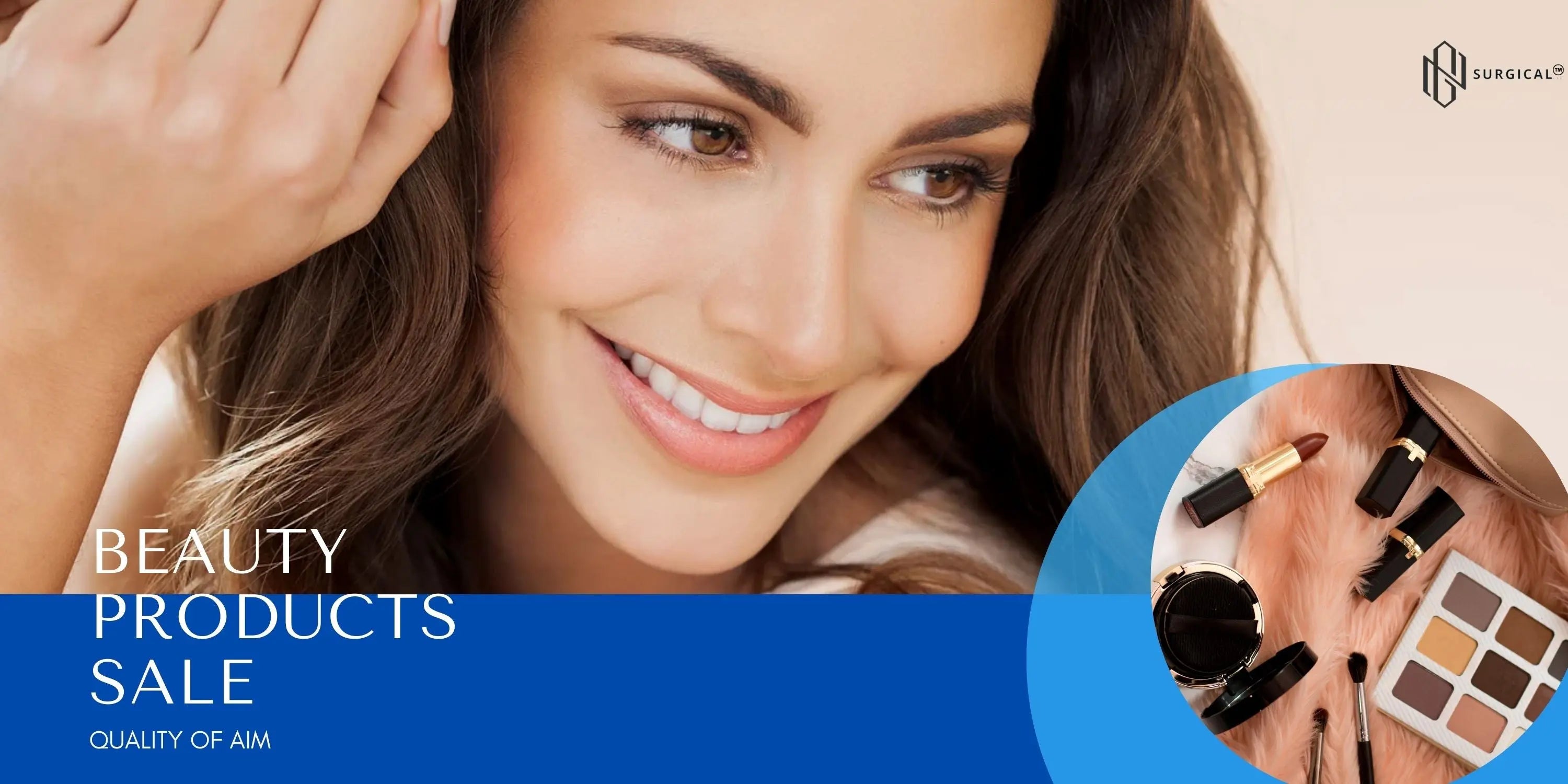 Smiling woman with brunette hair, makeup products including lipstick, brushes, and palette, blue sale banner.