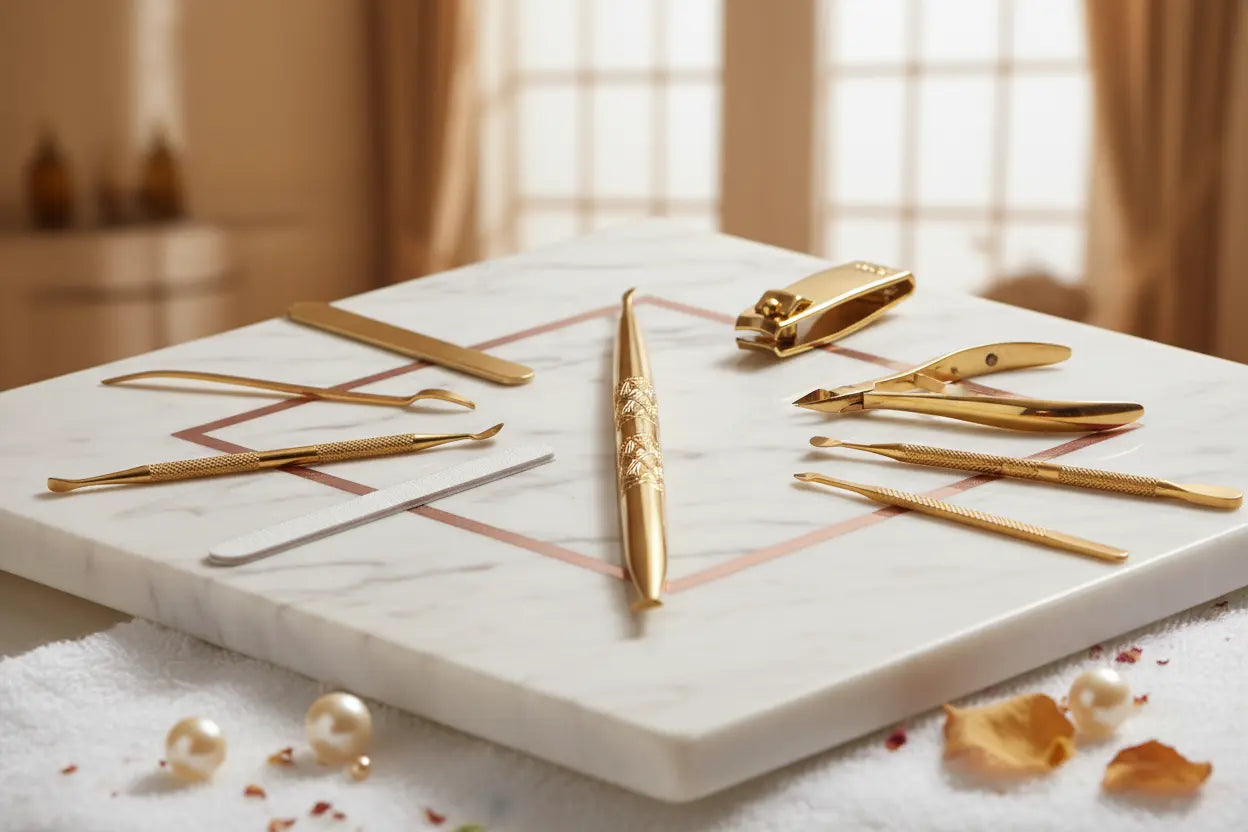 Gold beauty instruments, including cuticle pushers and nail clippers, on a marble tray