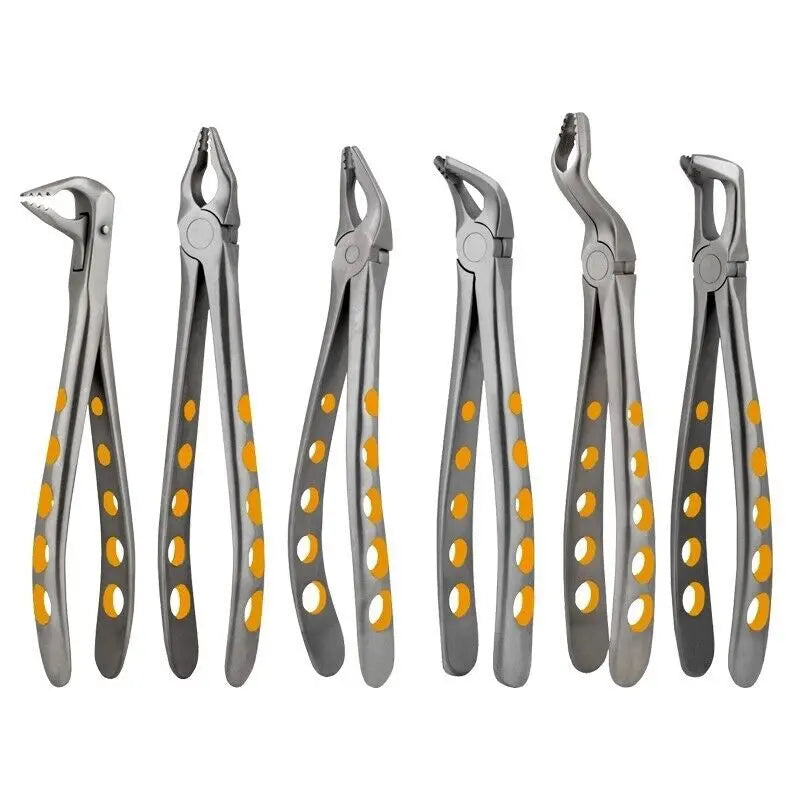 Stainless steel dental extraction forceps set with yellow accents, reusable surgical instruments