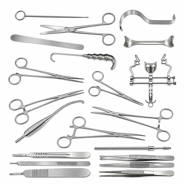 Selection of surgical scissors, forceps and retractors for the hysterectomy instrument set