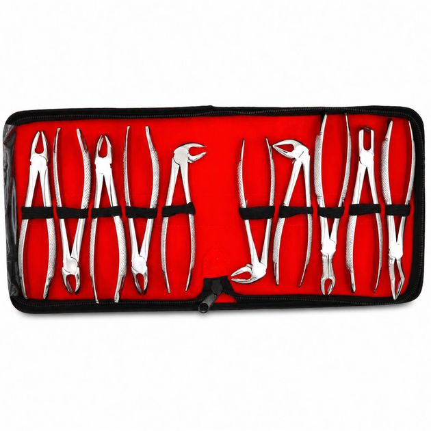 Assorted dental extraction forceps arranged in a black zip case with a red lining