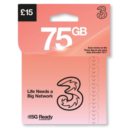 Three UK 75GB Preloaded SIM Card – 5G Ready
