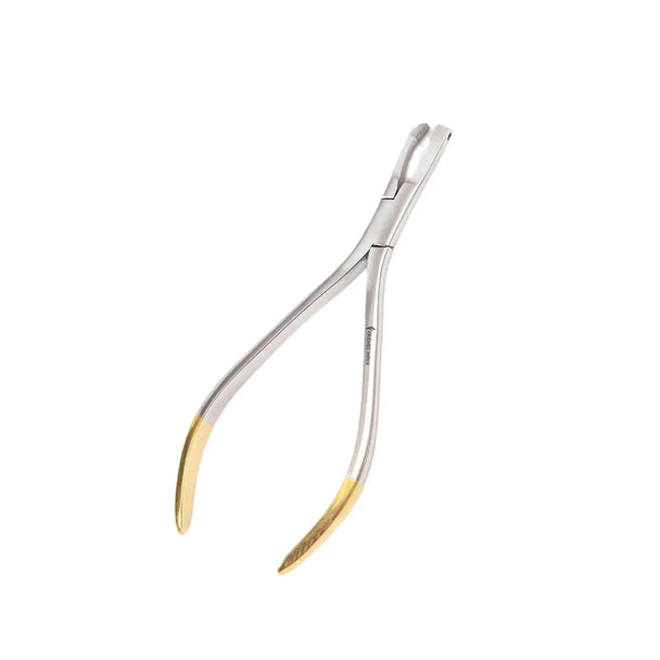 Stainless steel dental surgical instrument with gold-plated handles on white background