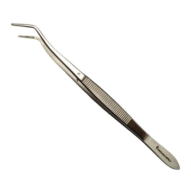 Stainless steel angled dental tweezer instrument on white background, GN SURGICAL LTD