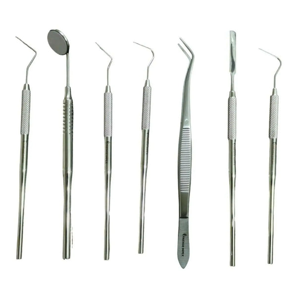 Set of seven stainless steel dental surgical instruments with textured handles from GN SURGICAL LTD