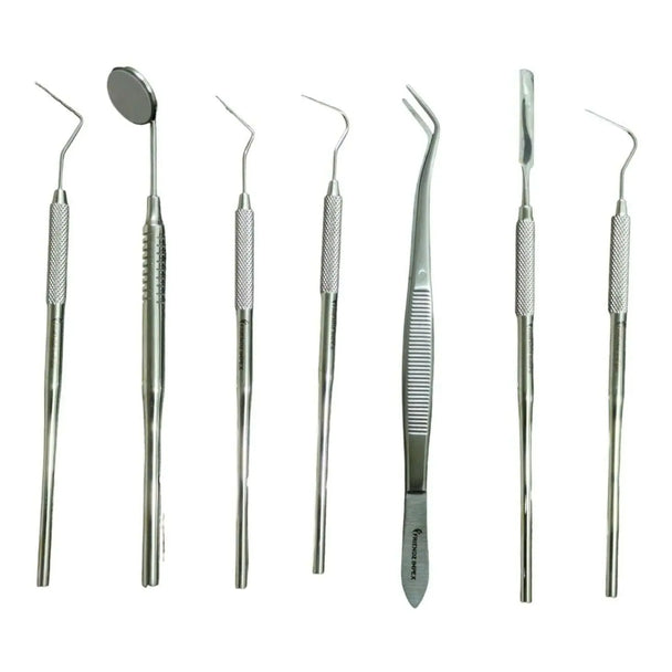 Set of seven stainless steel dental surgical instruments with textured handles from GN SURGICAL LTD
